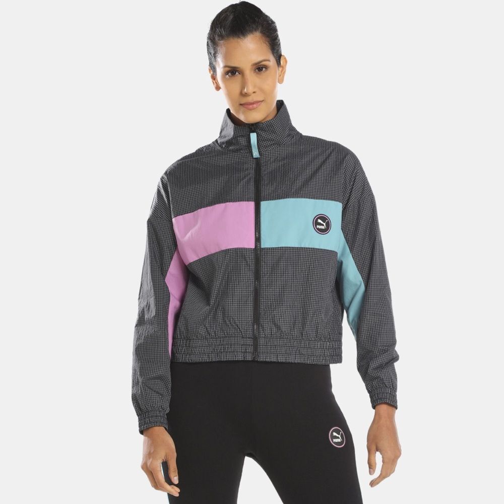 Puma Checkered Color-block Track Jacket with Pink and Blue Accents Y2K